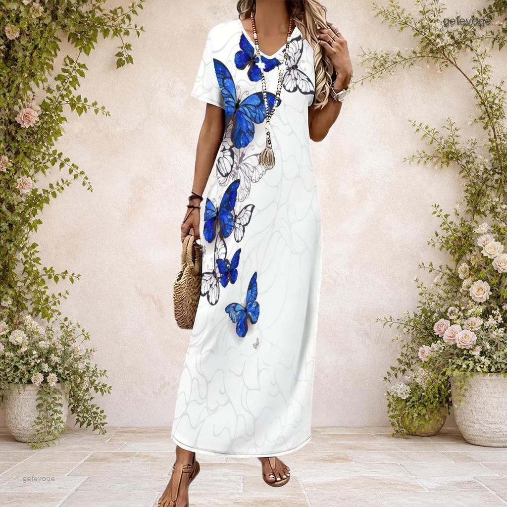 Women Plus Size V Neck Short Sleeve Black Printed Straight Maxi Dress