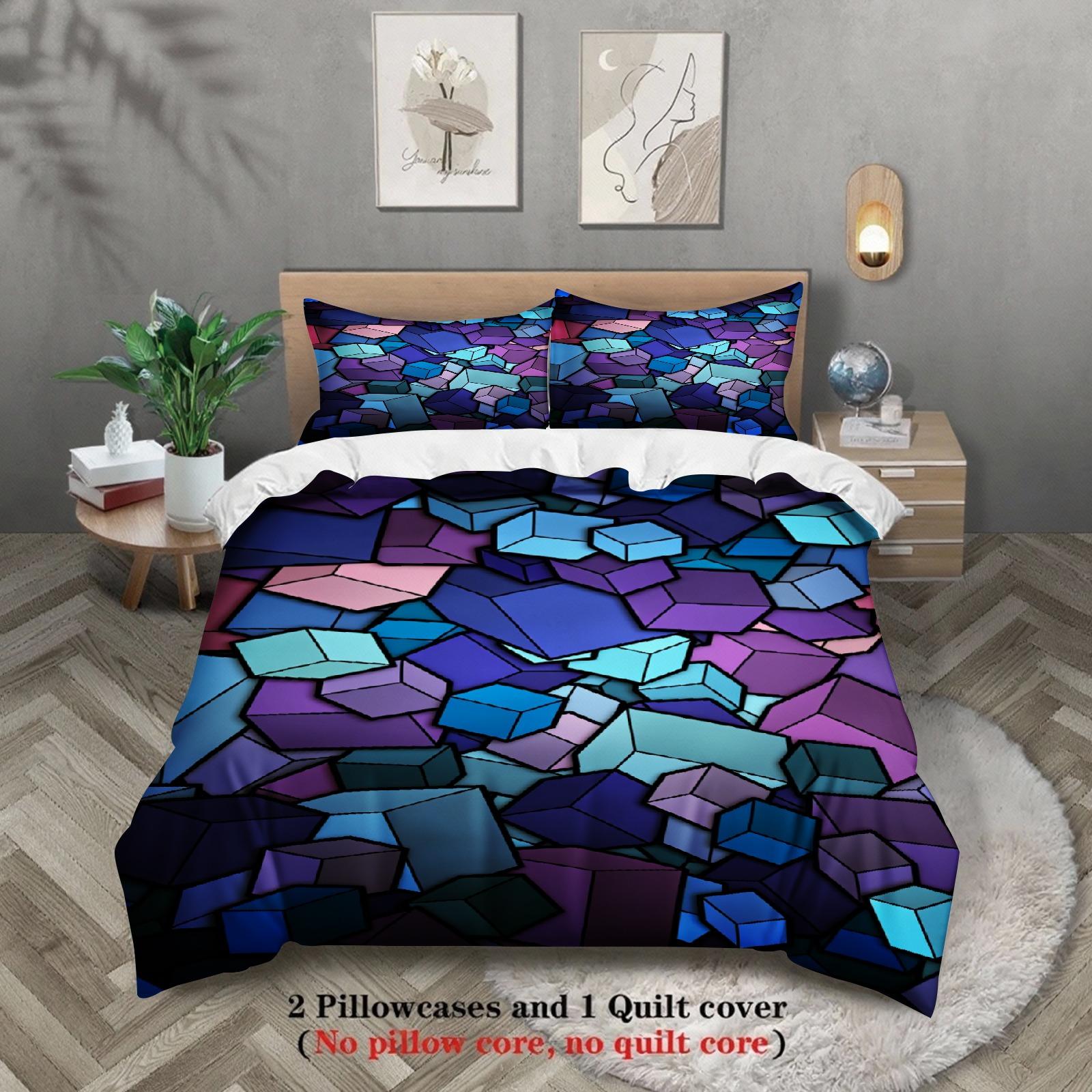 

3PCS 3D Iridescent Geometric Cube Duvet Cover Set with Pillowcases Modern Minimalist Bedding No Insert Queen King SizeSize EU Double(200x200cm)
