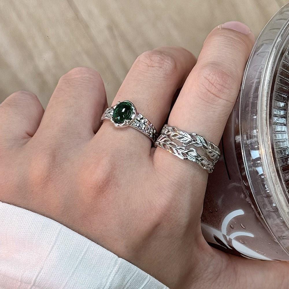 Women's Ethnic Feather Texture Ring - Green Agate, Niche Chinese National Style, Fashionable and Unique Design