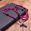 Hematite Cross Pendant Necklace Rose Red Tiger Eye Onyx Catholic Christ Rosary Necklace Natural Stone Prayer Bead Vintage Jewelry