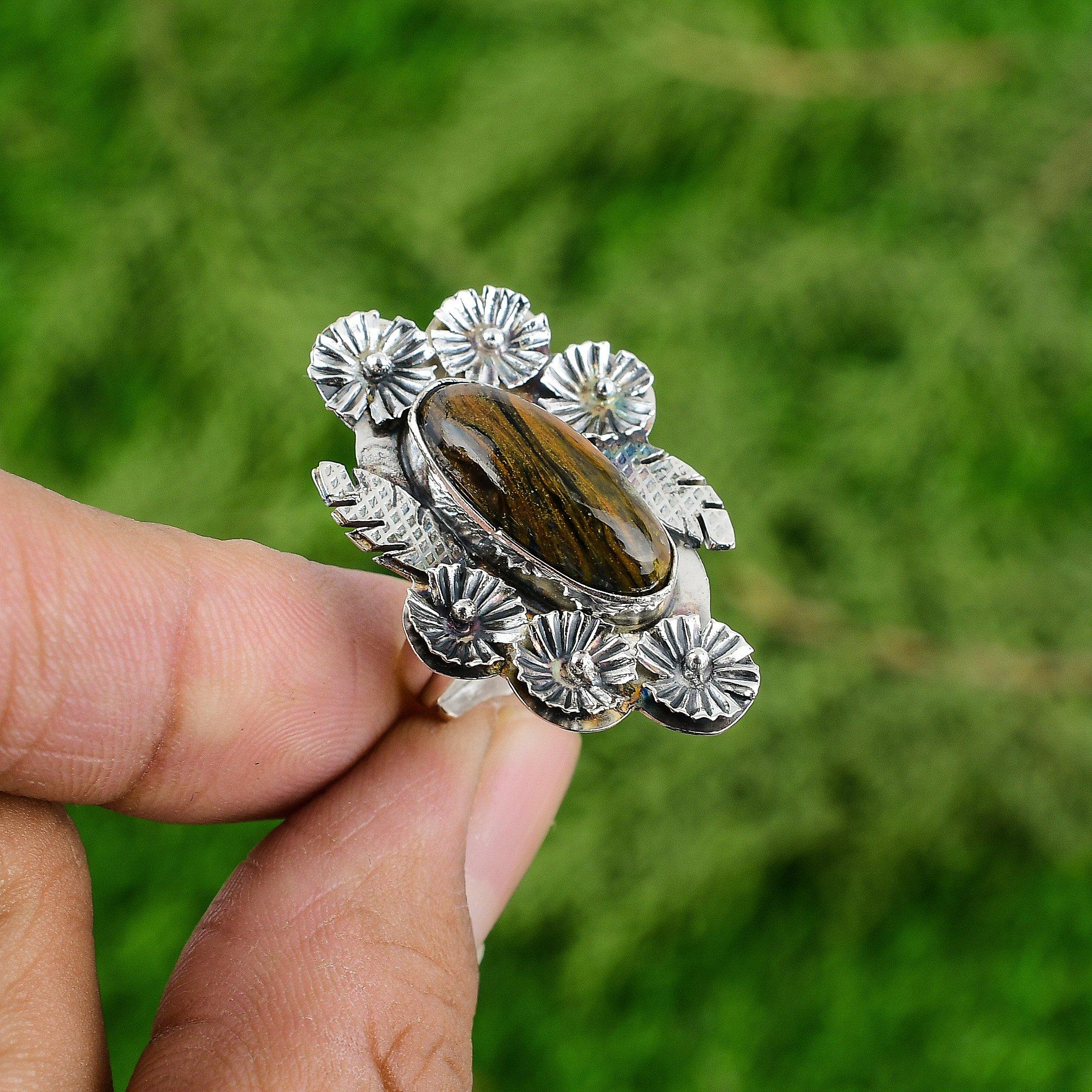 

Серебро 925 пробы Натуральный Золотой Питерсит Мультикамень Кольцо с цветком Регулируемое Adjustable