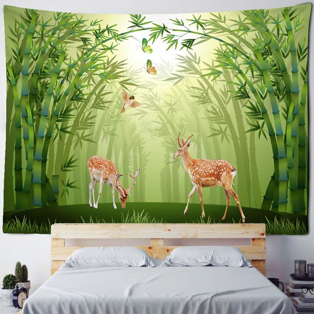 Bamboo Forest Cottage Window Painting Tapestry Wall Hanging Bohemian Sika Deer Aesthetics Room Home Decor