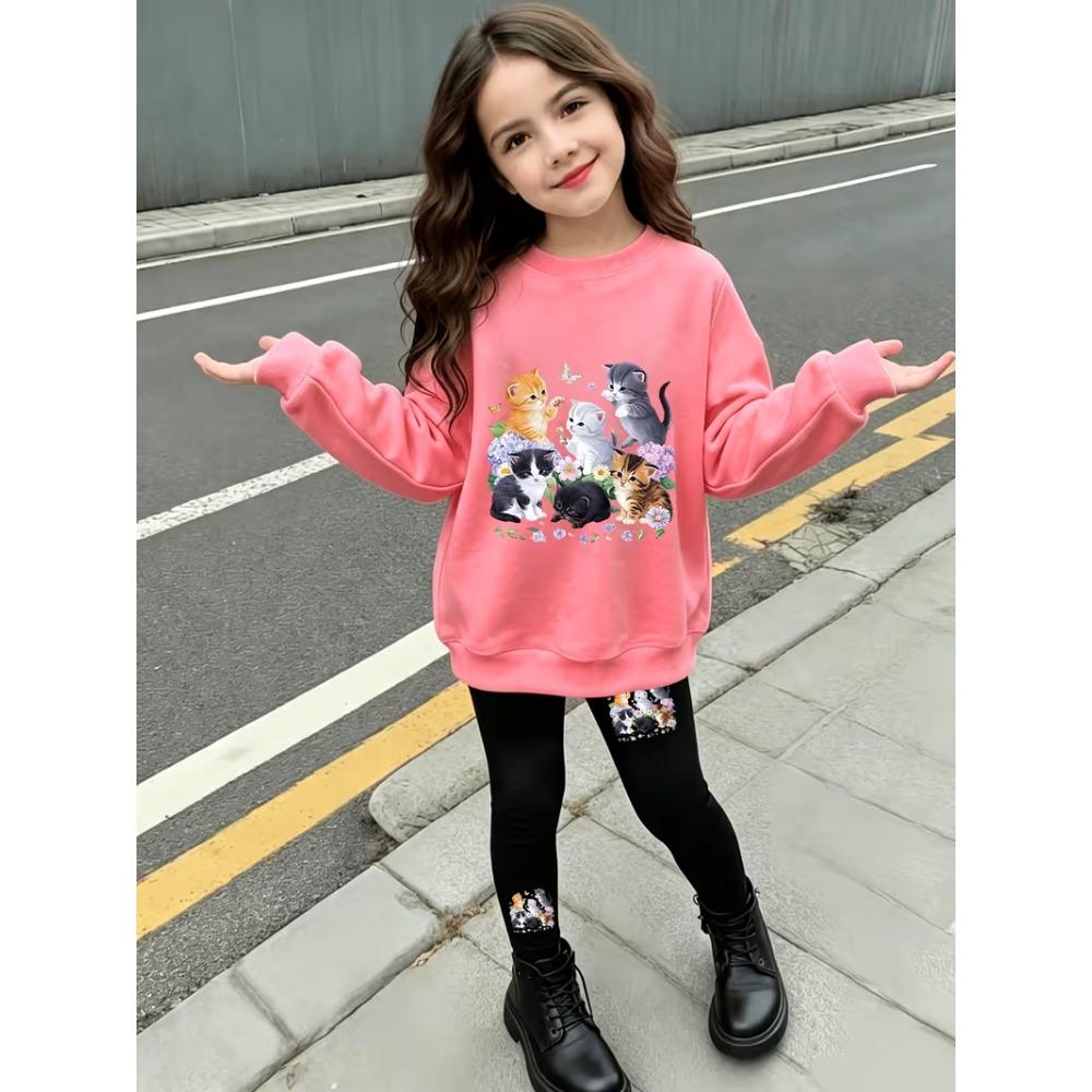 Girls' Cat Family Print Casual Comfortable Soft Loose Pullover Sweatshirt and Leggings 2-Piece Set, New Autumn/Winter, Playful, Sweet and Cool Style