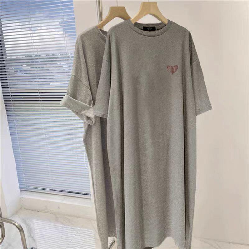 Large Size Women's Pure Cotton Short-sleeved T-shirt Dress, Summer Top, Fat Mm To Cover The Belly, Age Reduction and Thin Knee Dress
