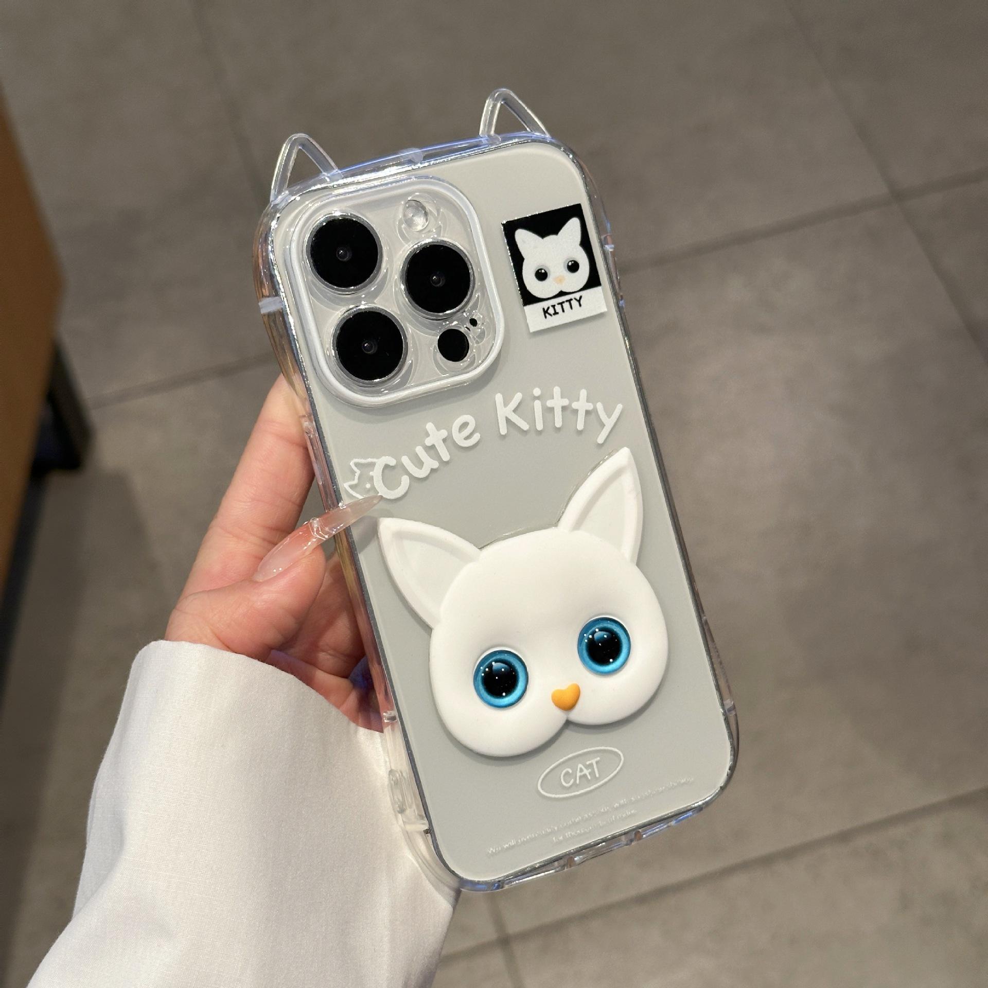 

Blue Eyes White Cat for Apple 16promax Mobile Phone Case for Women for IPhone15 Cat Ears 13pro Transparent All-inclusive X For Apple 7G