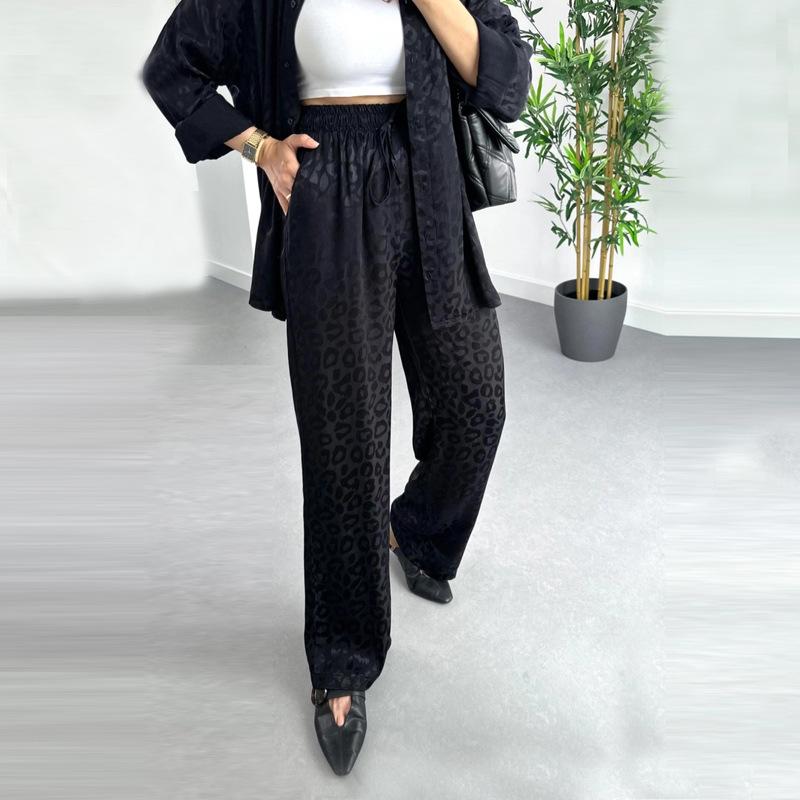 

Европейский и американский комплект из двух предметов для женщин, свободный крой с длинным рукавом, рубашка и брюки с леопардовым принтом на весну и осень, Foreign Trade Wome XL чёрный