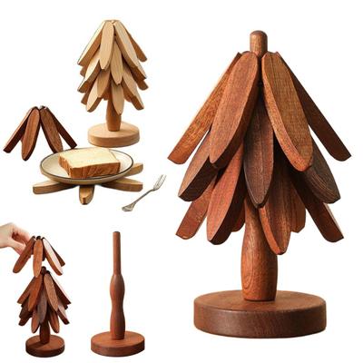 Christmas Tree Trivet Set Wooden Coasters with Stand Heat-Resistant Pot Holders Festive