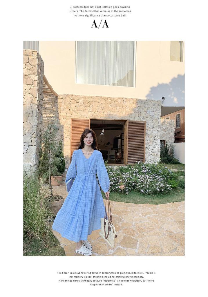 2026 Spring Blue Romantic Chic French Plaid Long Sleeve Maternity Dress