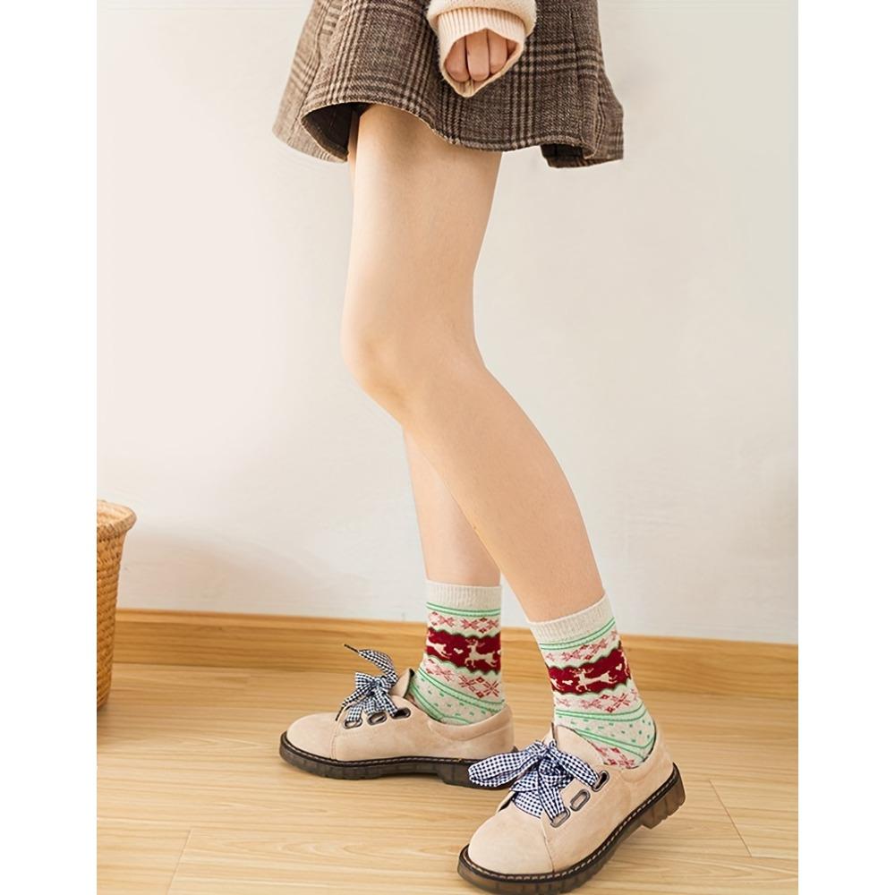5 Pairs Elk Print Thickened Socks, Comfy & Warm Christmas Mid Tube Socks, Women's Stockings & Hosiery