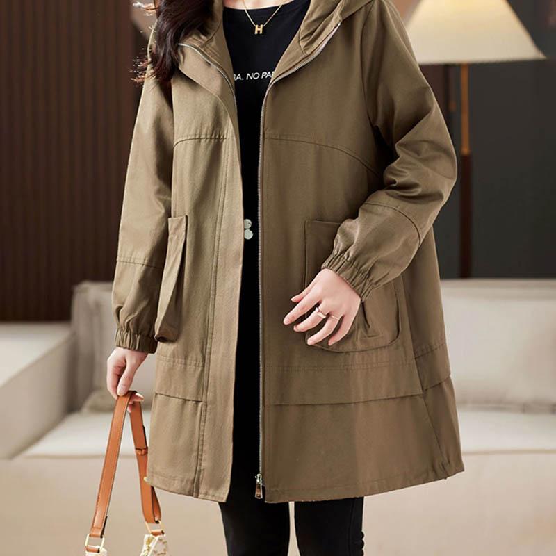 Large Size Women Hooded Trench Coat Jacket Medium-length Loose Casual Versatile Coat