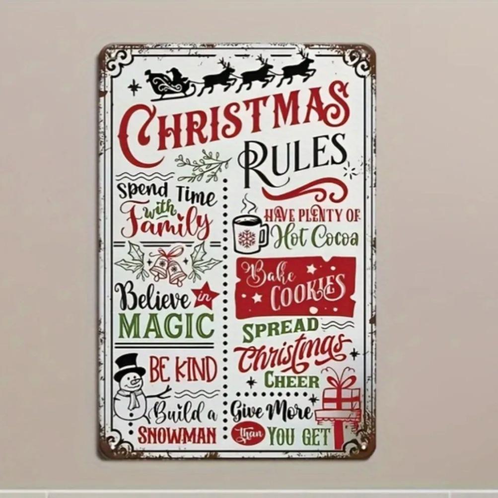 1pc Christmas Rules Humorous Vintage Tin Sign - Easy - Hang Wrought Iron Metal Wall Art for Home & Bar Holiday Decor, Ideal Gift