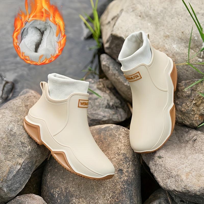 

Women S Cozy Fleece-Lined Rain Boots, Ankle Boots with Thick Sole, Light Beige PVC Upper & White Fleece Interior, Casual Garden Shoes, Rain Boots 42