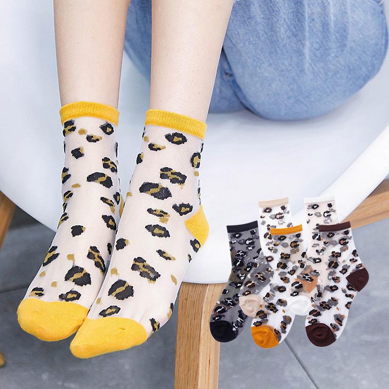 Chaozhu Spring Summer Transparent Crystal Silk Socks Women Sexy Leopard Grain Fashion Casual Breathable Calcetines Mujer