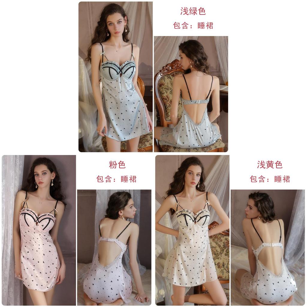 Satin Nightgown With Deep V Neck And Bust Enhancer For Women Home Sleepwear