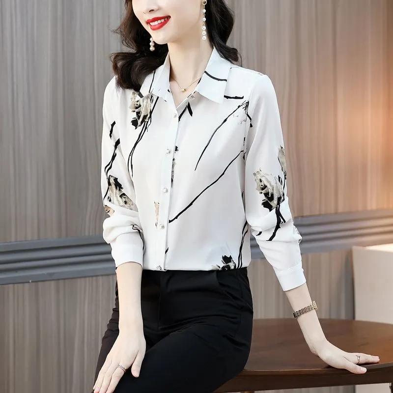 Women's Ink Flower Print Long Sleeve Chiffon Button Down Shirt