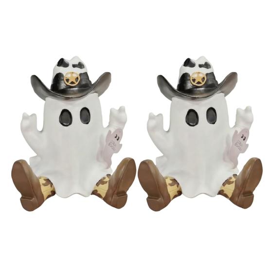Halloween Cowboy Ghost Statue Cute Ghost Walking Dog Resin Crafts Tabletop Ornaments for Indoor Outdoor Halloween Decoration