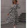 Cross-Border Spring & Fall New Round Neck Leopard Print Print Shoelace Tight Waist A- Line Lantern Long Sleeve Mid Length Long Length Dress Dress