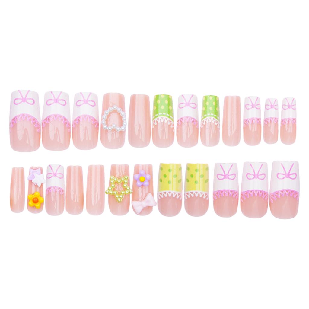 24Pcs Artificial Nails with Pearl Heart Star Pattern Charming Reusable False Nails For Party Wedding