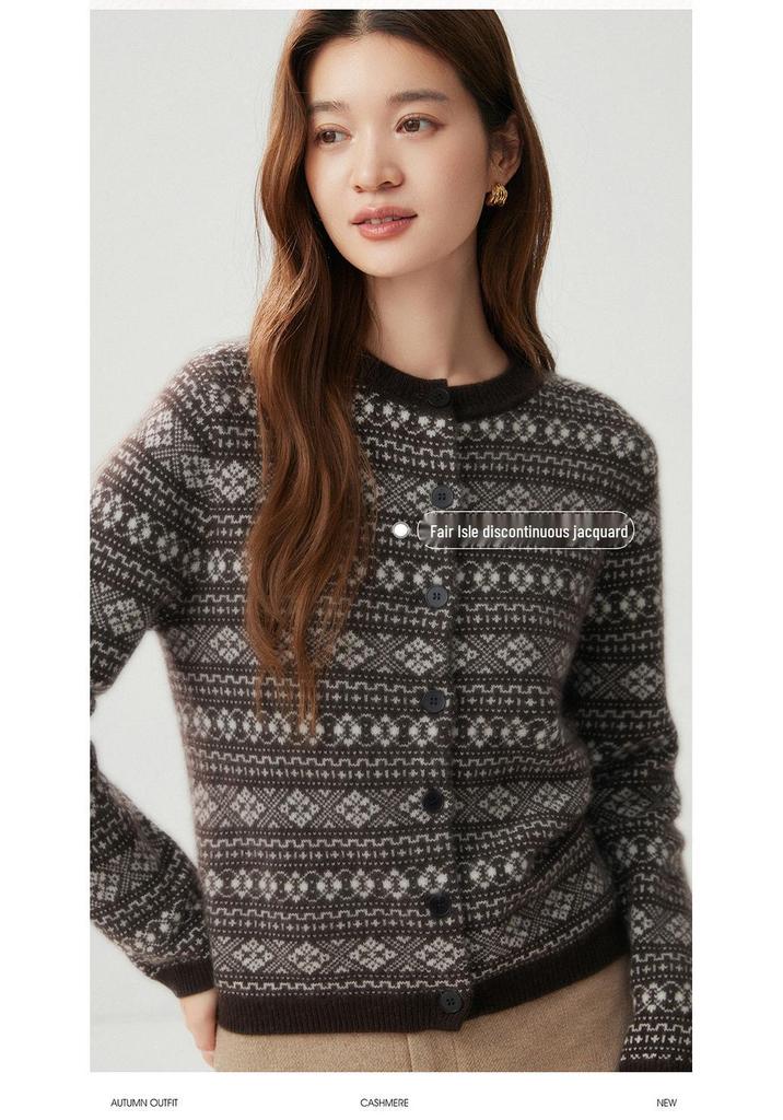 Women's Winter 2026 Fair Isle Cashmere Jacquard Cardigan – Thick, Warm, Versatile Round Neck Outerwear