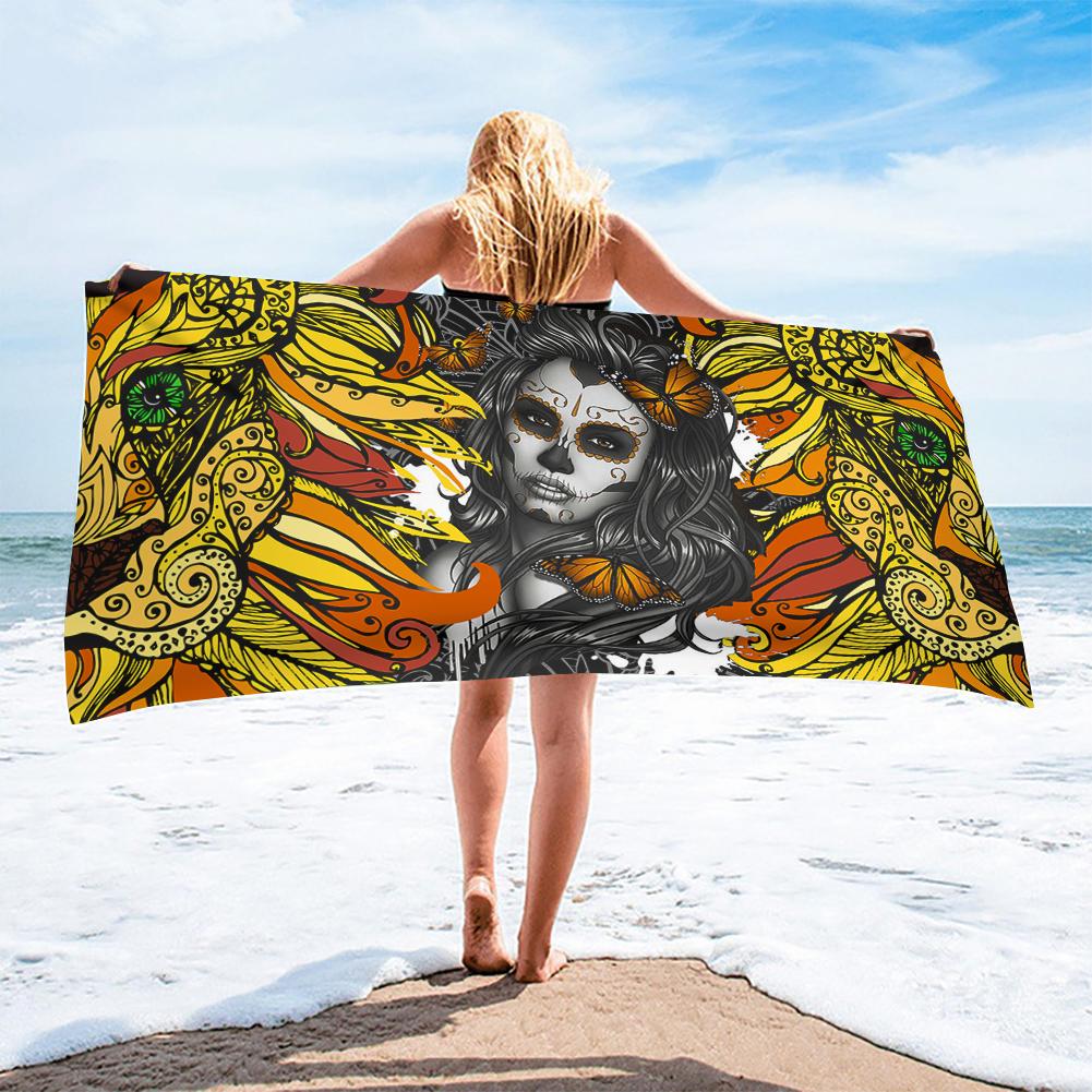 Halloween Horrible Sugar Skull Girl Printed Beach Towel Outdoor Quick Drying Swimming Bath Towels Yoga Mat for Kids Adults Gift