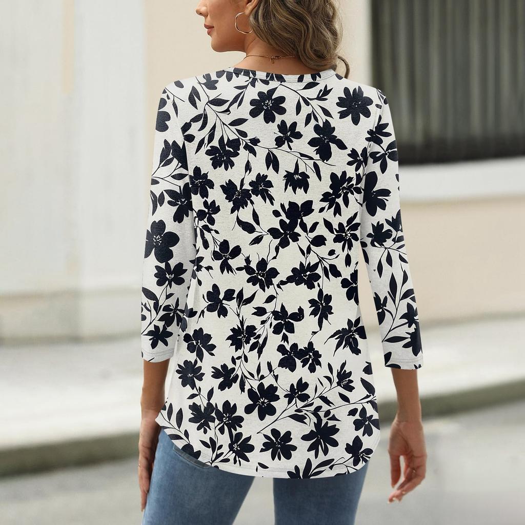 Košile pro dámskou módu Neformální dámské tričko s čtvercovým výstřihem, 3/4 rukávem, volným potištěným tričkem