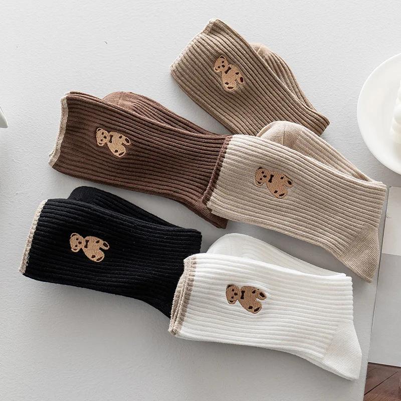 Women'S Cartoon Bear Socks Korean Casual Stockings Soft Cotton Socks Autumn Coffee Stockings Kawaii Women Socks Women Hosiery