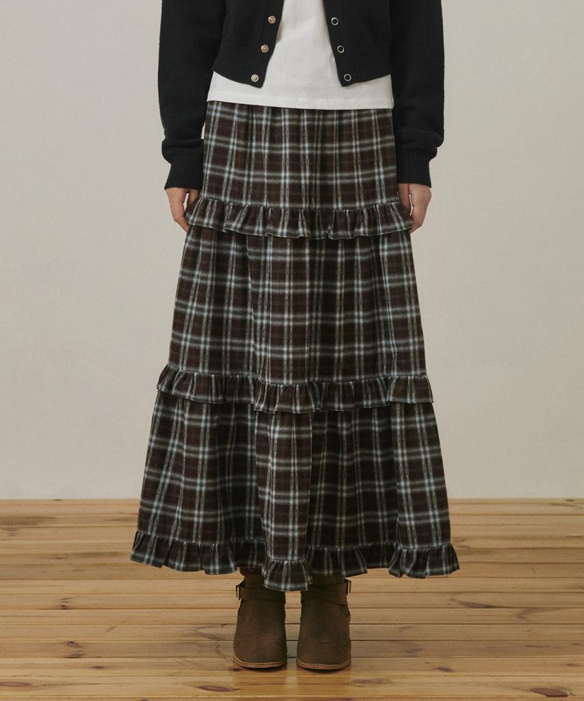 BELLOL Winter Shirring Long Skirt Check Brown