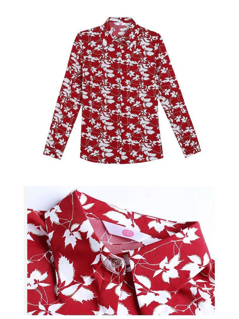 Camisa de Chifón Floral de Otoño para Mujer de Corte Slim Retro de Manga Larga