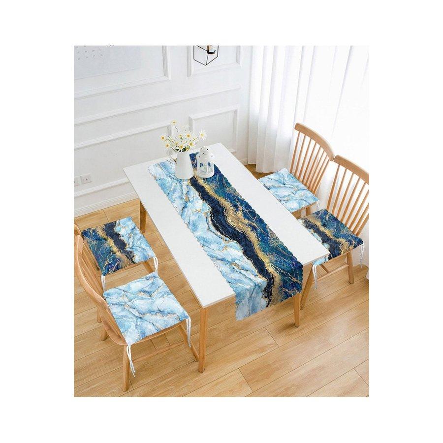 Marble Pattern Digital Printed Chair Cushion Set / 4 Pieces 40×40cm Square Chair Cushions and 1 Piece Runner