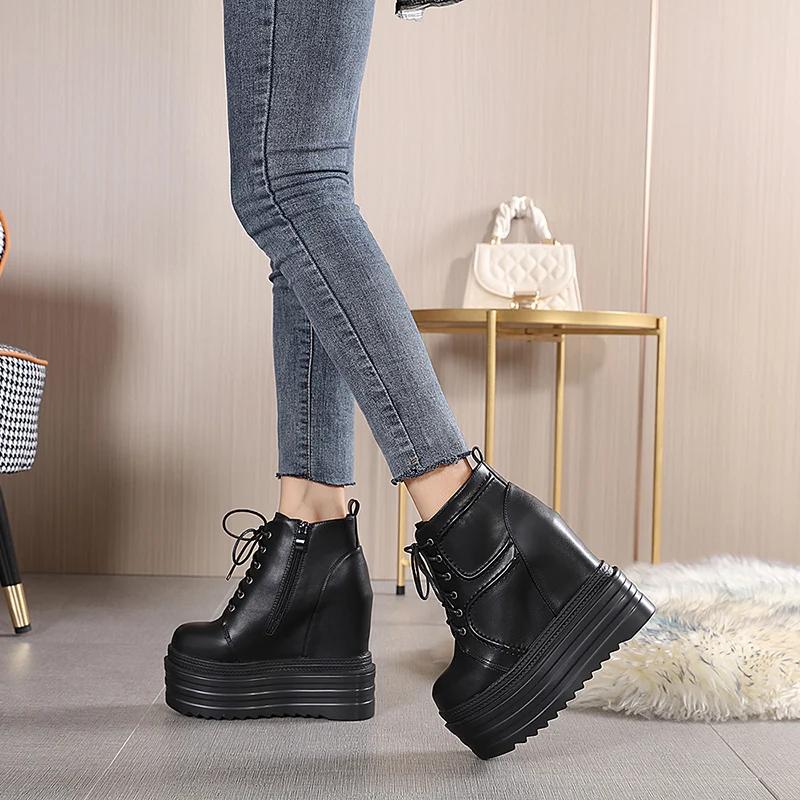 Fashion 14CM Spring Platform Shoes Autumn Harajuku Gothic Punk Black Shoes High Sole Lolita Wedges Pumps Women Lace Up Soft Leather