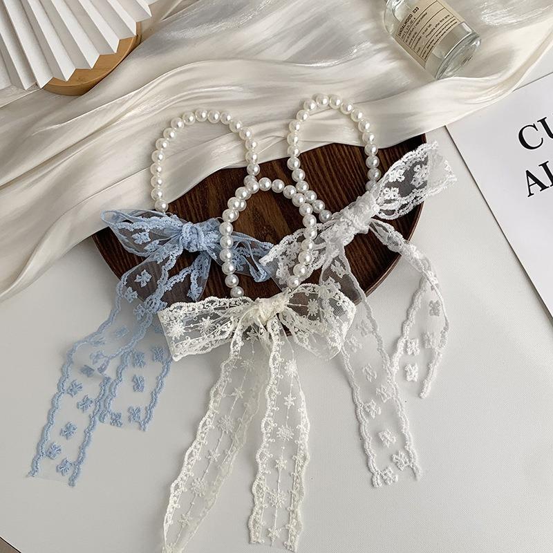 Collarbone Chain Versatile Spring and Autumn Fashion Neck Care Silk Scarf Headband Pearl Necklace Tie Hair Band Lace Streamer