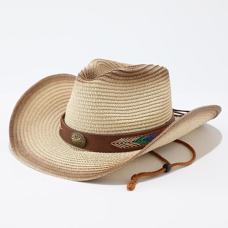 Ethnic Style Straw Woven Western Cowboy Hat, Summer Travel Photo Big Edge Straw Hat, Outdoor Beach Sunshade Sun Protection Hat