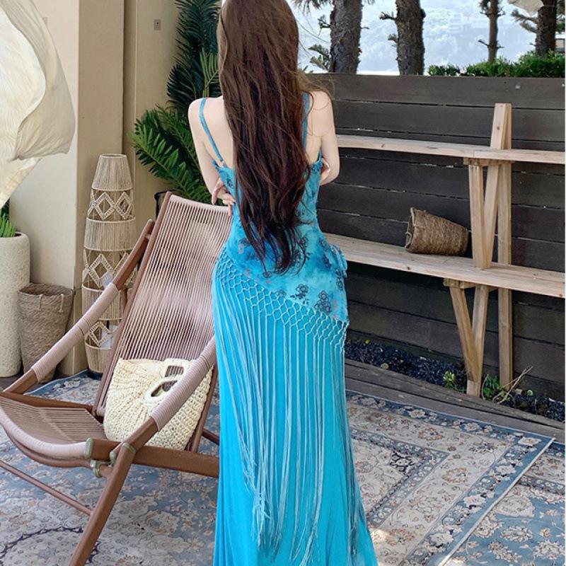 Bali seaside vacation blue print suspender dress women's summer new elegant beach dress