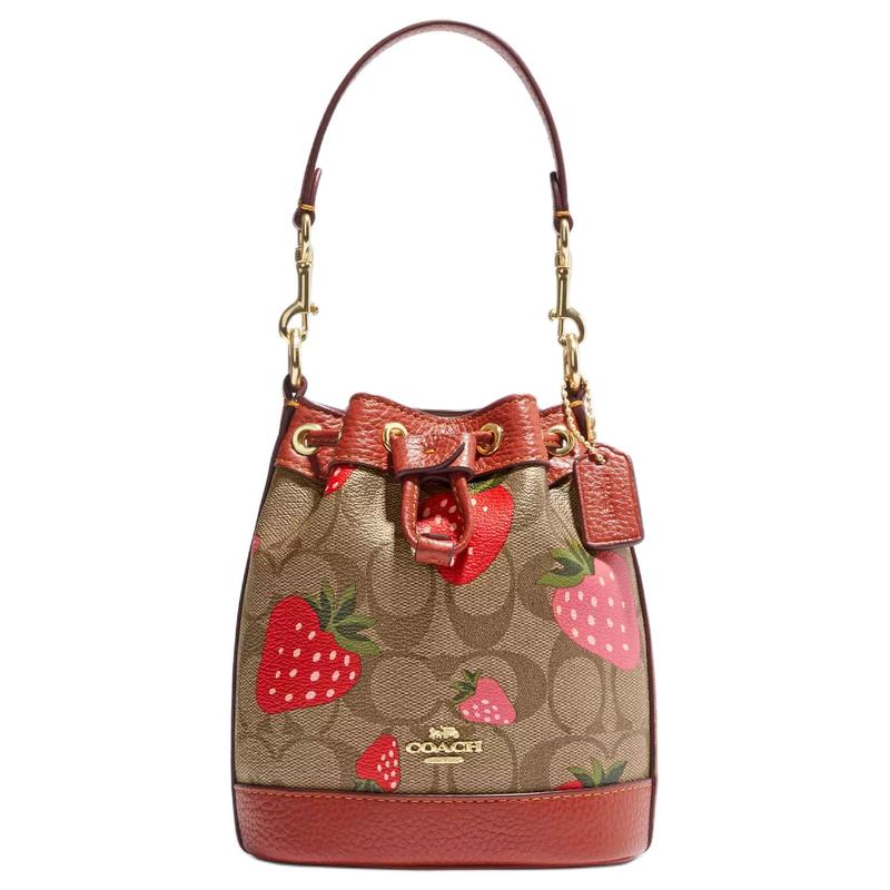 COACH Dempsey 14 strawberry print drawstring closure cowhide bucket bag handbag medium size women s red with brown presbyopia коричневый
