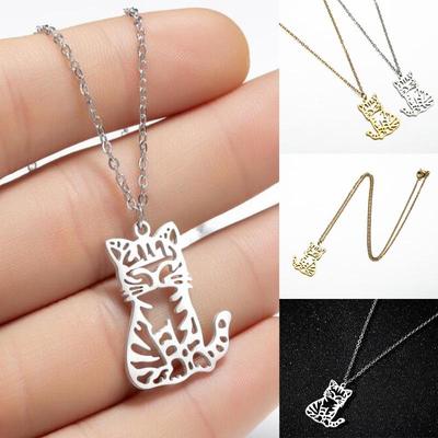 Stainless Steel Korean Fashion Cat Pendant Necklace - Cute Hollow Lucky Cat Clavicle Chain, Fade-Resistant