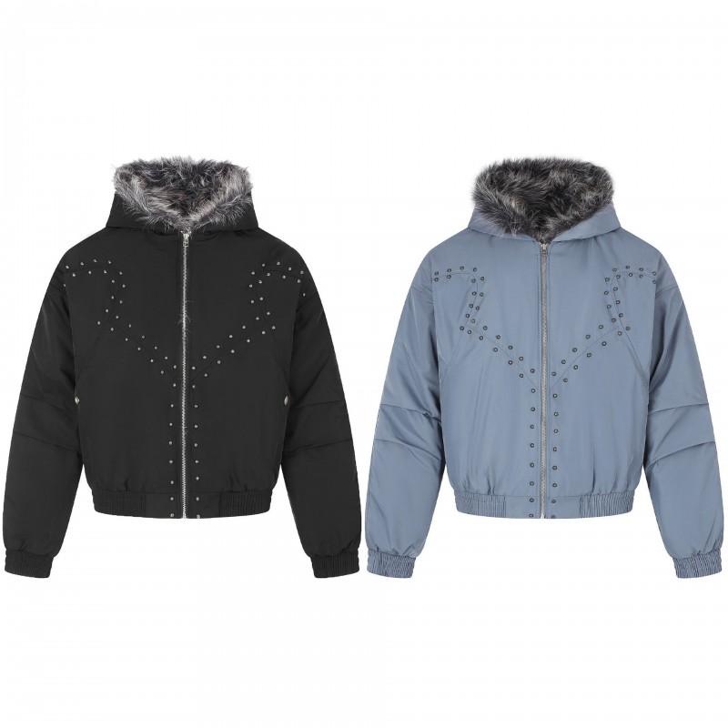 Magic Bear Streetwear Padded Jacket With Rivets Faux Fur Collar Loose Fit Winter Coat Teens