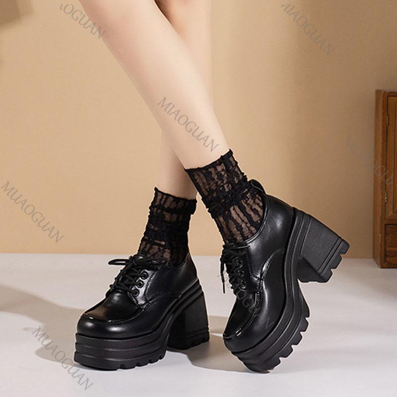 Fashion Gothic Chunky High Heels Loafers for Woman New Leather Platform Female Solid Color Heeled Lolita Shoes Lace Up Heels for Women