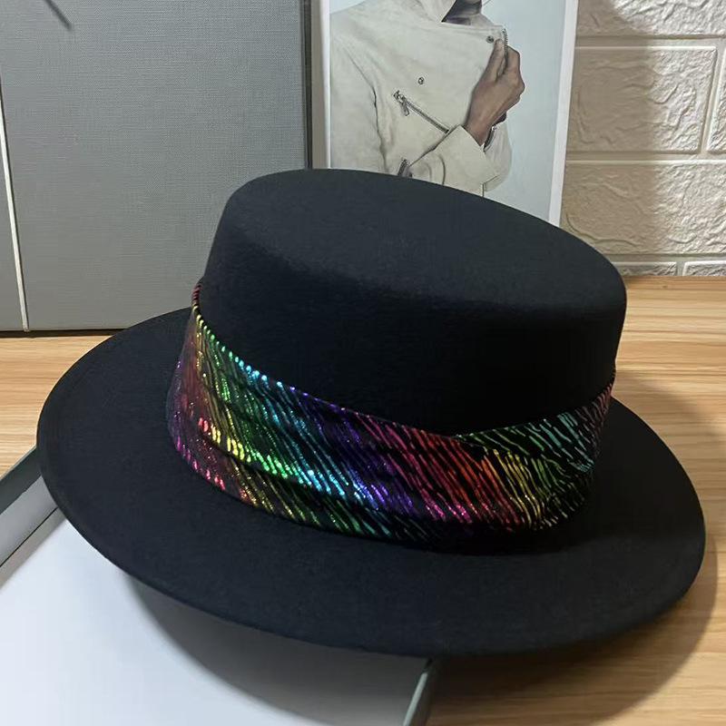 Flat Top Hat Women's Autumn and Winter New French Retro Imitation Wool Celebrity British Style Flat Brim Big Edge Hat Hepburn Hat
