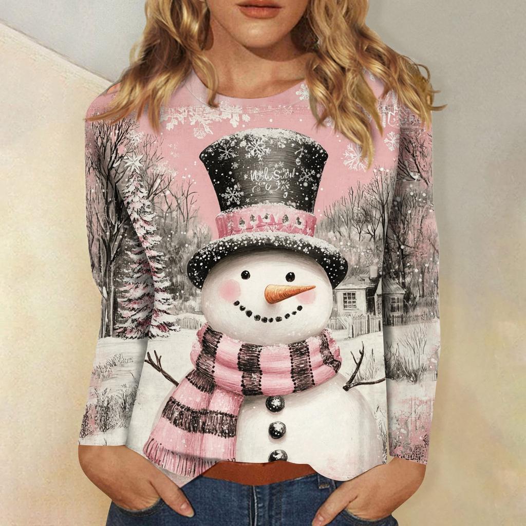 Women's 3D Christmas Snowflake Snowman Printed Round Neck Long Sleeve T-shirt Casual Long Sleeve Top Party Loose Women's Top