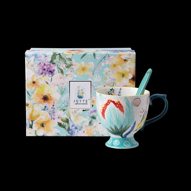 JOYYE 'Hua Chao Yue Xi' Ceramic Mug Set with Spoons