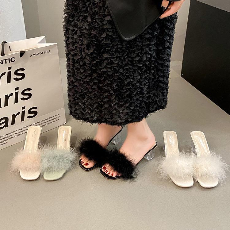 Mao Mao slippers women's summer outer wear New Year's thick heel one-word drag crystal high heel cool slippers