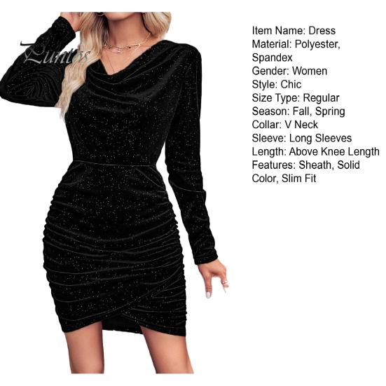 Elegant Cinched Waist Dress Lady Mini V Neck Slim Fit Pleated Long Sleeves Sheath Design Irregular Hem Pure Color Elastic Club Party Fall Spring Short