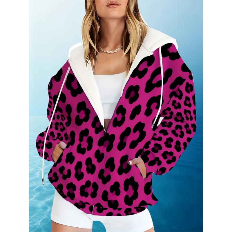 Fashion Women'S Zip-Up Hoodie, Bright Pink Black Leopard Print