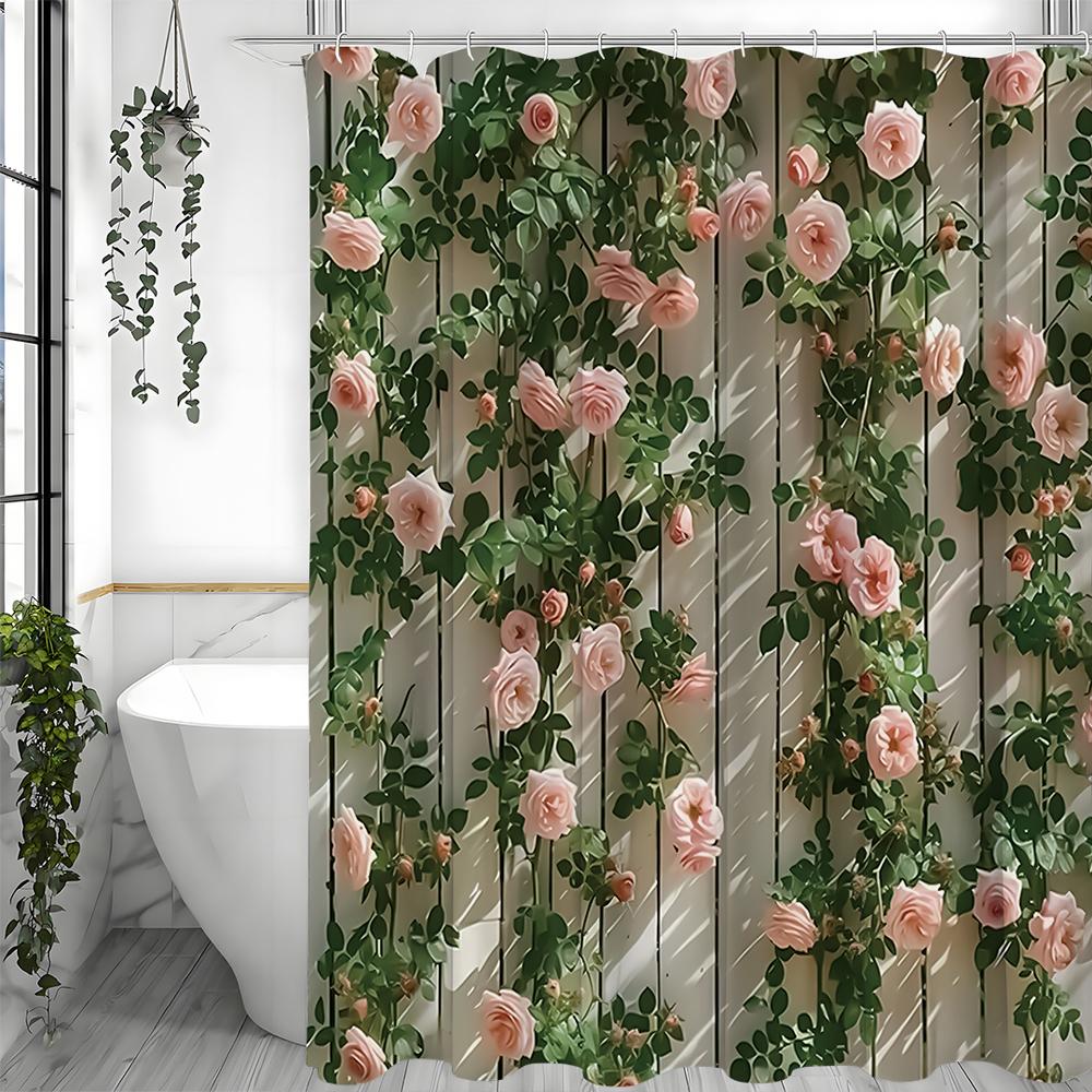 Růžová růže květinový zelený list sprchový závěs, koupelnový dekorativní sprchový závěs, vodotěsný sprchový závěs s háčky