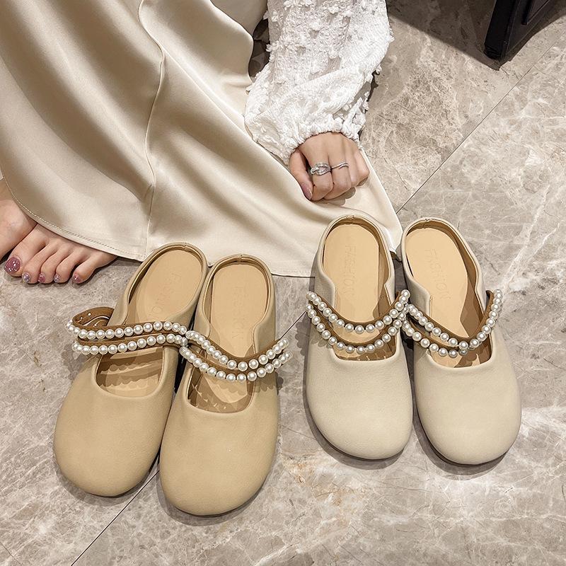Baotou Half Slippers Female Summer New Pearl Slip-on Muller Shoes Flat Sandals Lazy Casual Slippers Female