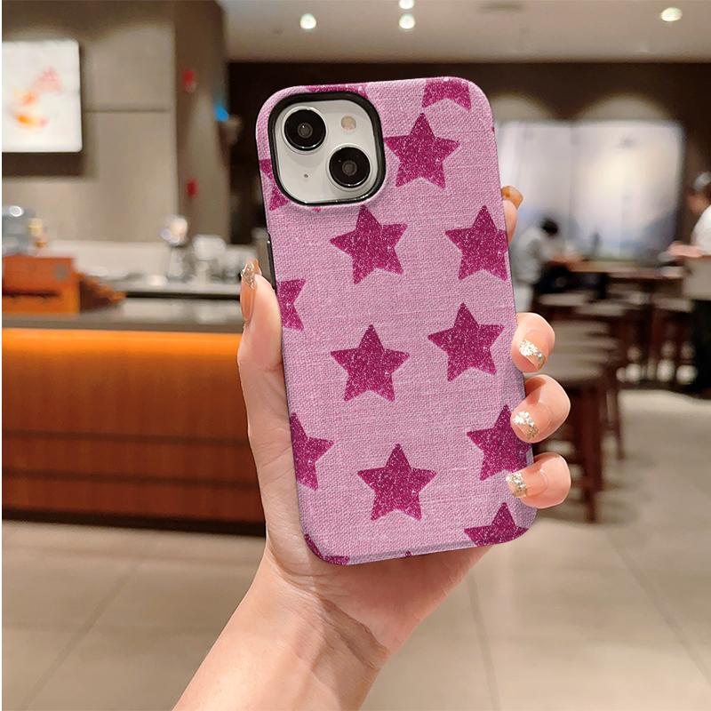 Pink Linen Glitter Star Print Soft Silicone Phone Case Y2K Coquette Cute Girly Aesthetic Shockproof Cover For All Iphone Series