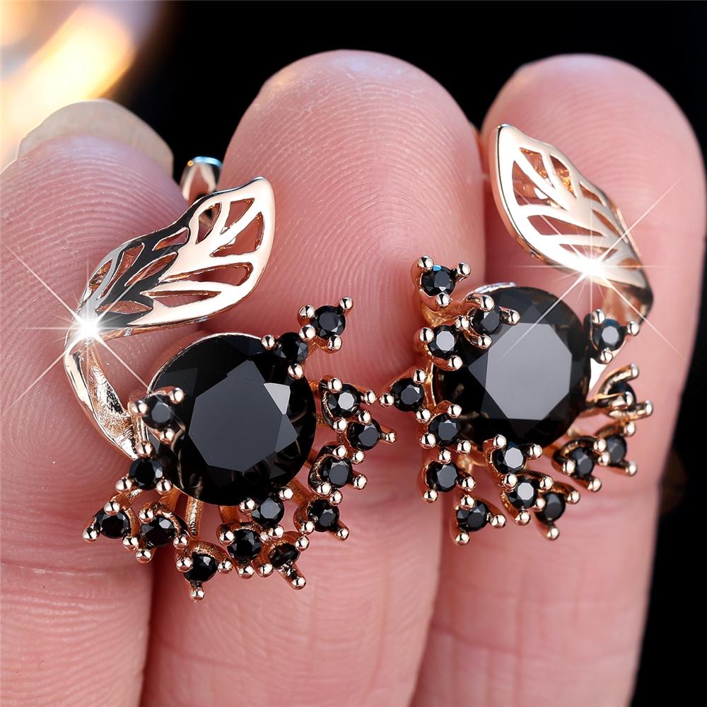 

Luxury Female Big Black Zircon Stone Round Flower Hoop Earrings Fashion Gold Color Wedding Jewelry For Women чёрный