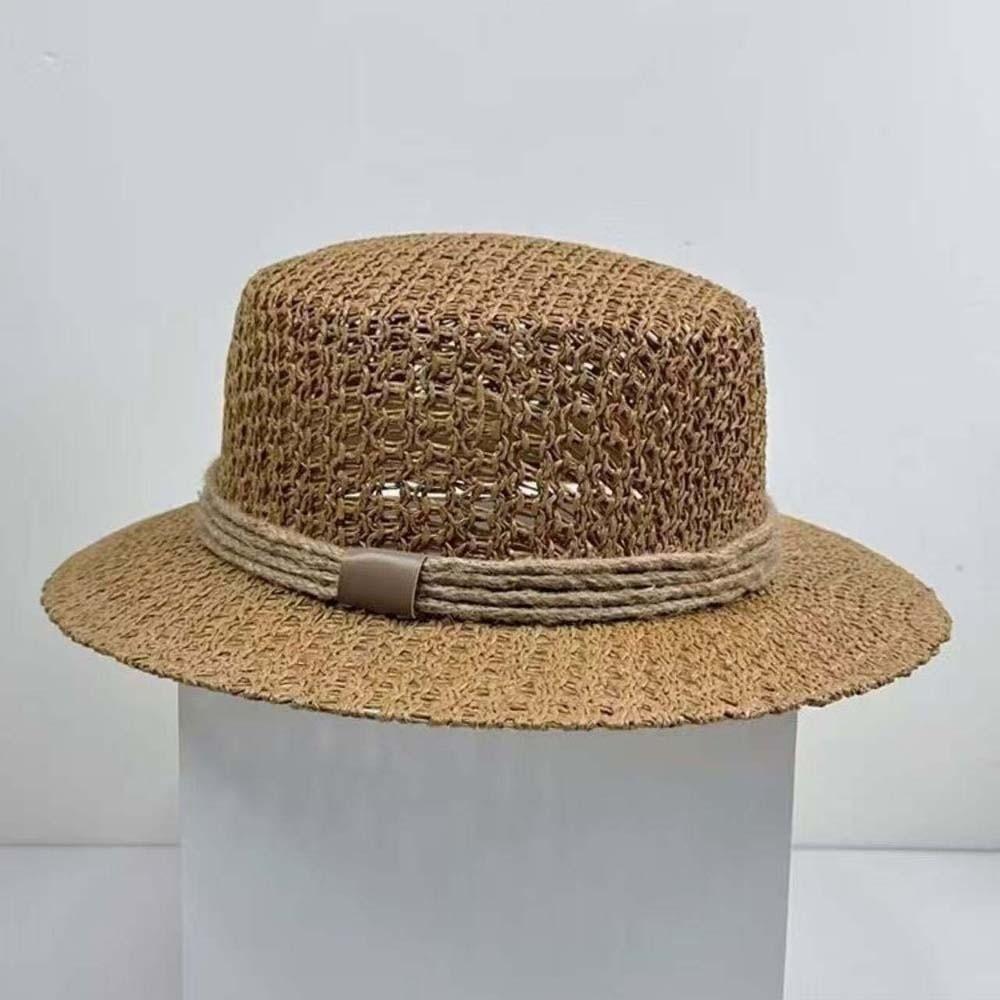 Lightweight Handwoven Sun Cap Breathable Mesh Flat Top Beach Hat Straw Boater Hat Beach Vacation