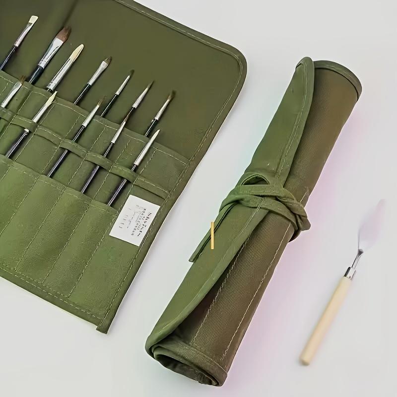 1pc Olive Green Canvas Rolling Art Brush Holder with 16 Slots Artist Brush Organizer for Watercolor Calligraphy Brushes Portable Paint Brush Holder
