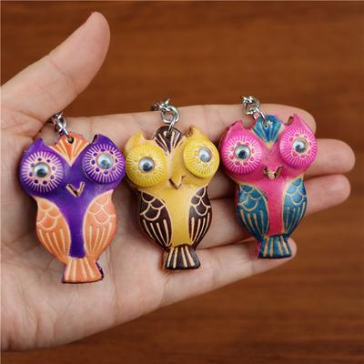 First Layer Cowhide Creative Owl Bag Car Keychain Pendant Animal Doll Jewelry Cute Little Gift